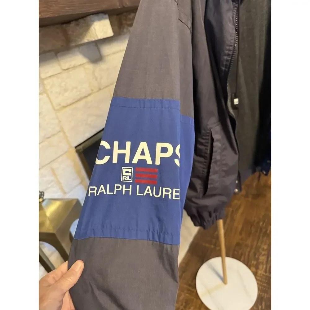 Chaps Ralph Lauren Navy Red Windbreaker Jacket Men's Size M Logo Zip Drawstring